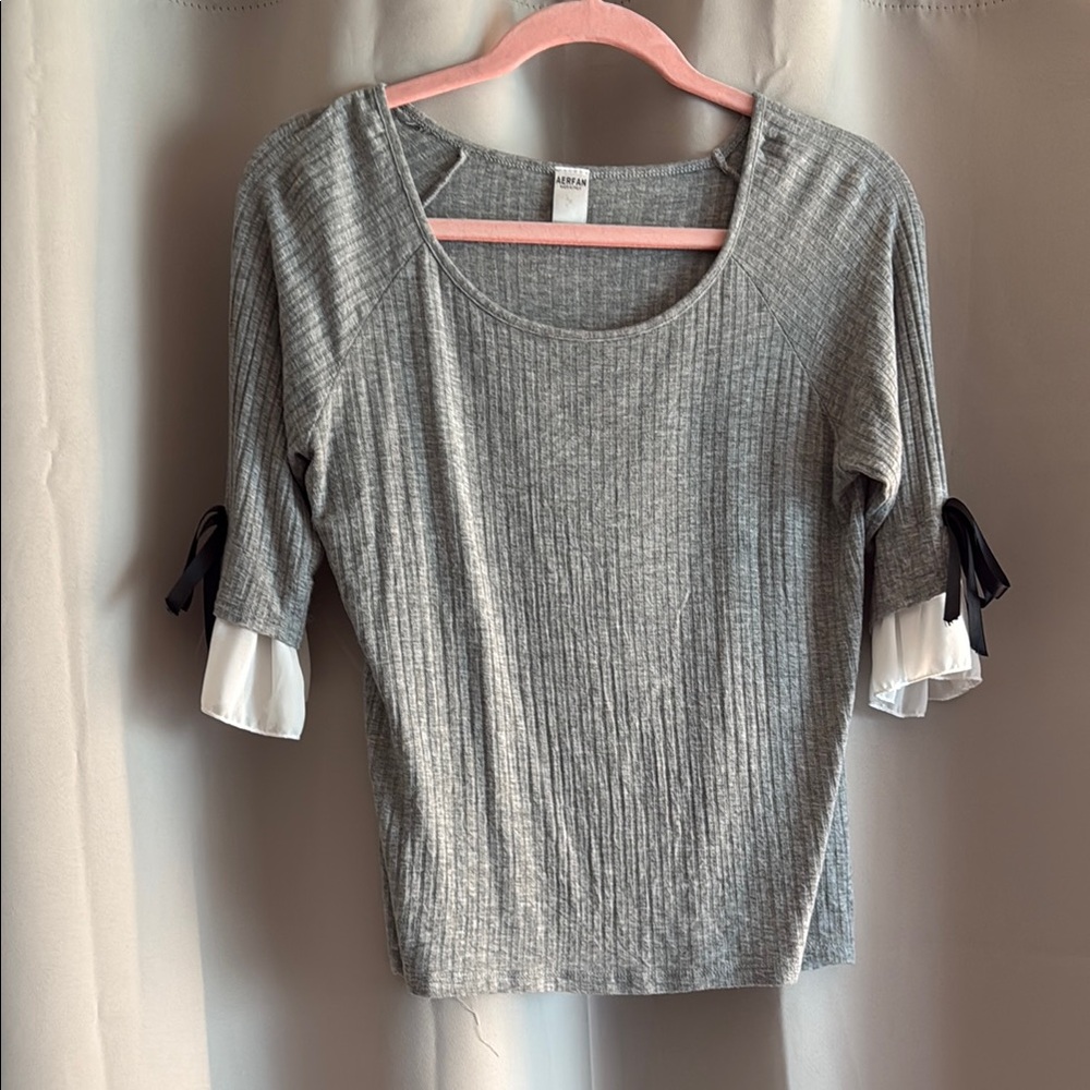 Gray Ribbed Women's Top with Bow Accents